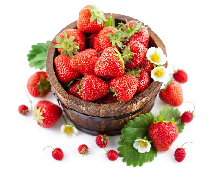 Strawberries in a wooden bucket