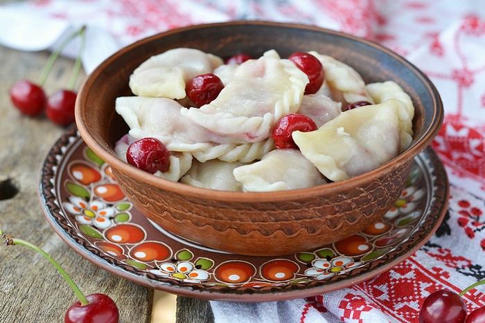 Pierogi Varenyky with Cherries in a Bowl