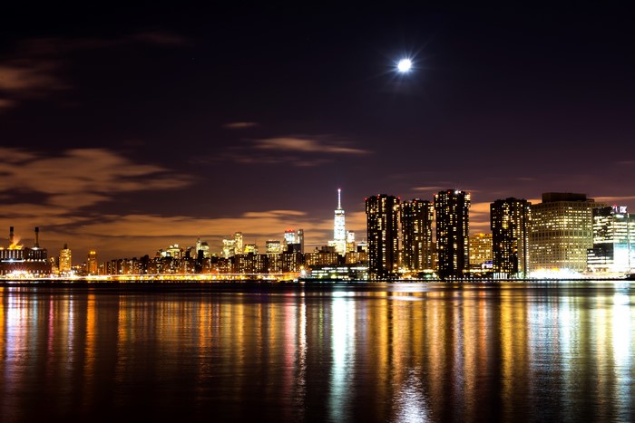 4K Night Skyline of New York City with Moon