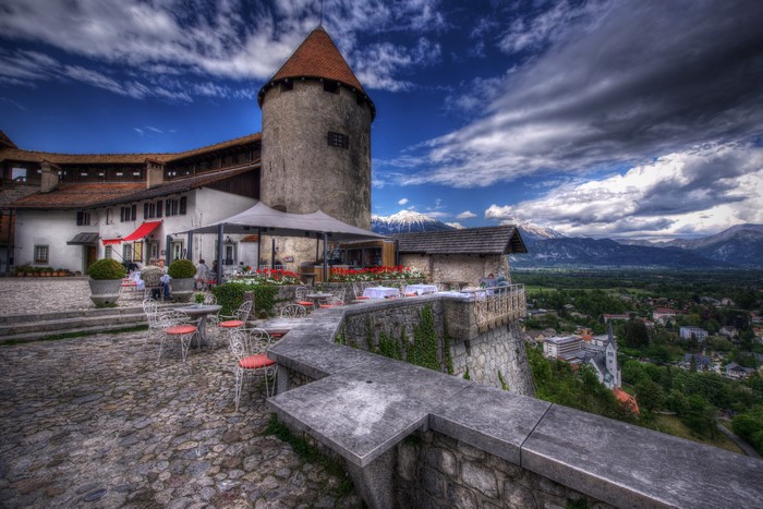 Castle restaurant with mountain view in Bled, Slovenia