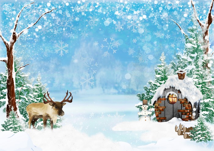 4K Winter Scene with Deer and Cabin