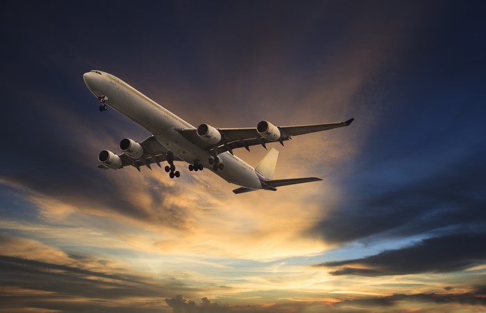 Airplane flying in the sky at sunset