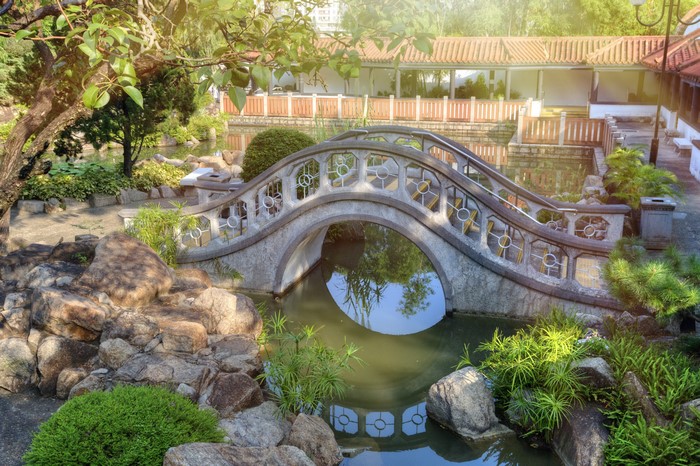 Stone bridge over pond in Chi Lin Nunnery, Hong Kong