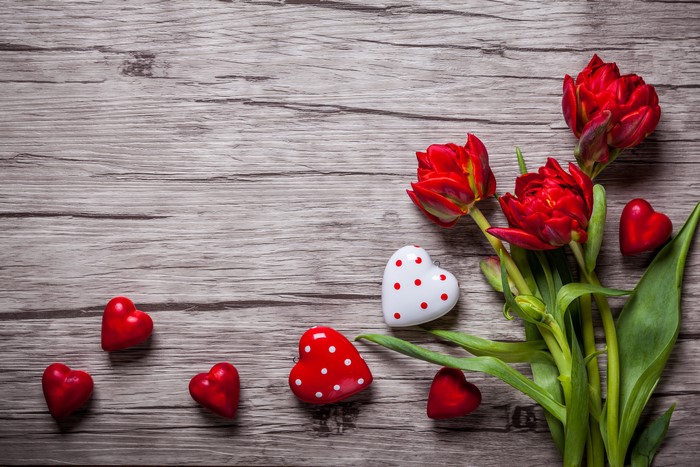 Red Tulips and Hearts on Wood Planks