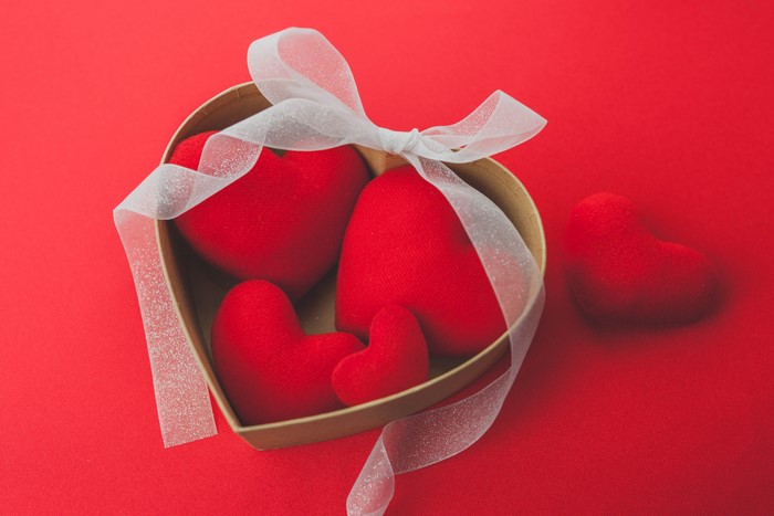 Red Hearts in a Heart-Shaped Box with White Bow
