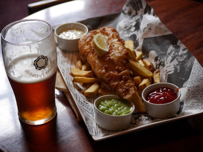 Fish and Chips with Beer and Condiments