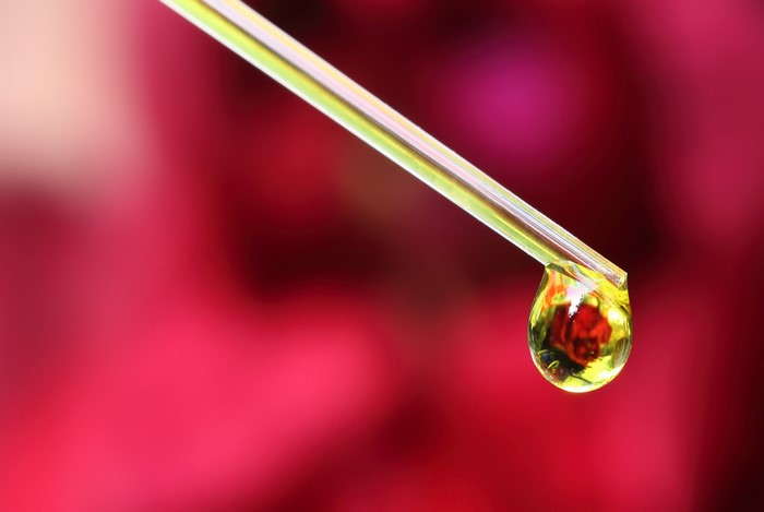 Droplet of yellow liquid on a pipette