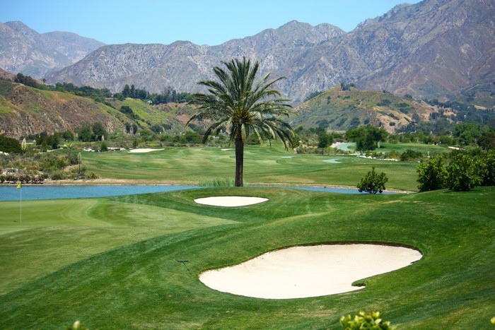 Golf course with palm tree and mountains