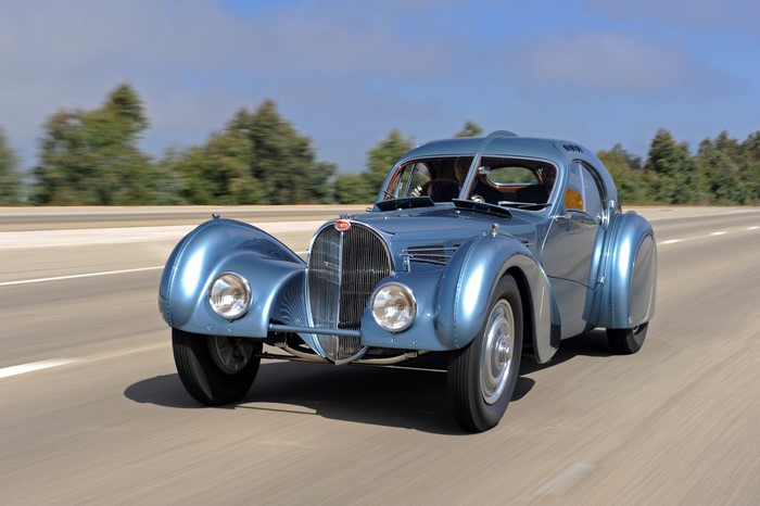 Bugatti Type 57SC Coupe Atlantique driving on road