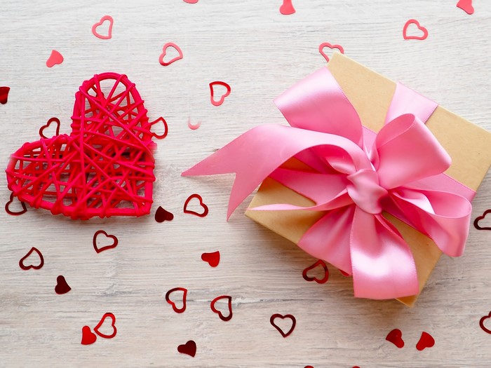 Valentine's Day gift with red heart and pink bow