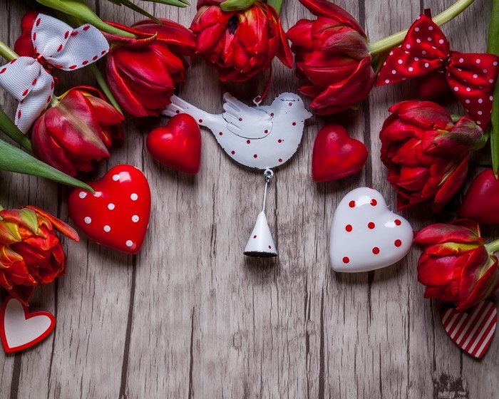Valentine's Day Tulips and Hearts on Wood