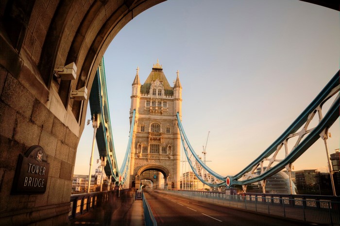 Tower Bridge in London, England at sunrise