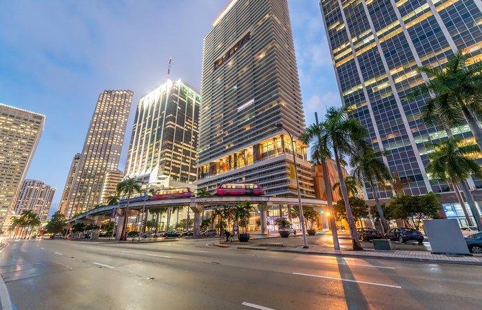 Miami Skyscrapers and Metromover at Dusk