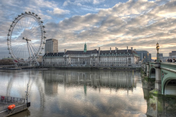 London Eye and Houses of Parliament over River Thames at Dusk