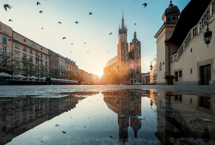 Krakow Town Square with St. Mary's Basilica Reflection