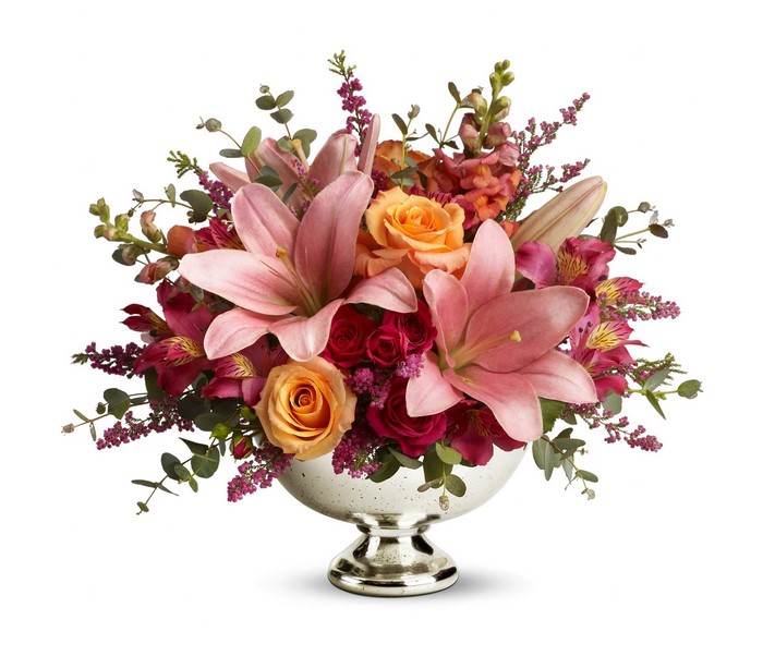 Pink Lilies and Orange Roses Floral Arrangement in Silver Urn