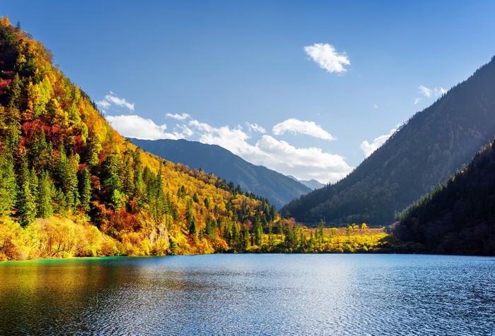 Autumn lake and mountains in Jiuzhaigou Park, China