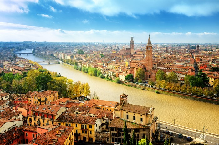 Verona, Italy cityscape with Adige River and churches