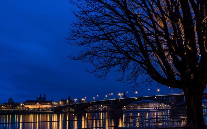 Night view of a bridge and city lights over a river in Mainz, Germany
