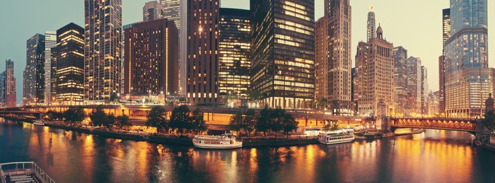 Chicago City Skyline at Dusk with River and Bridges