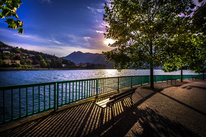 Lake Como Italy at Sunset with Trees and Fence