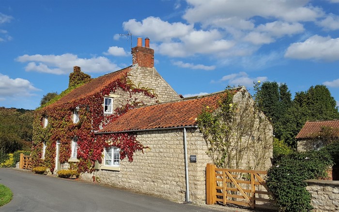 Stone cottage covered in red ivy in Sinnington, North Yorkshire