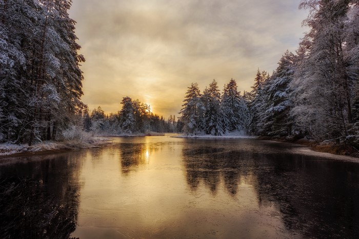 Winter Sunset over a Frozen River in Arvika, Sweden