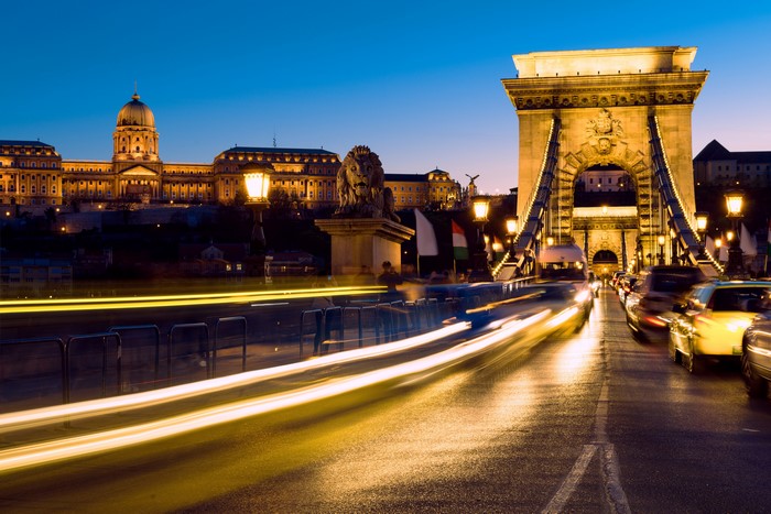 Budapest Chain Bridge at Night with Light Trails