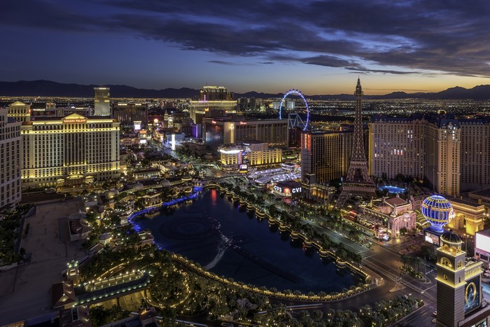 Las Vegas Strip at dusk with Bellagio fountains