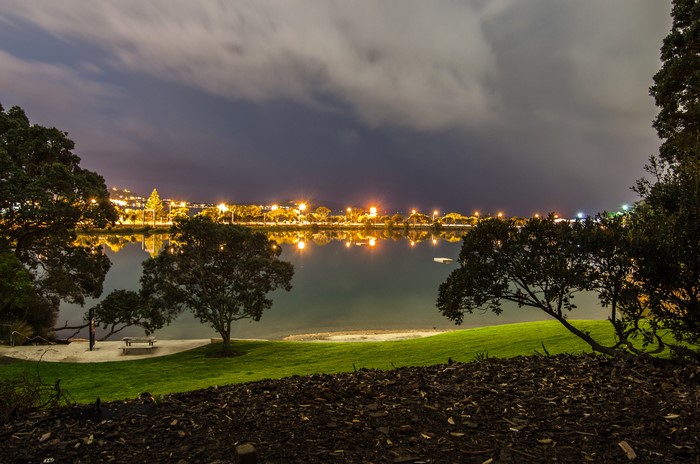 Night view of Mechanics Bay, Auckland, New Zealand