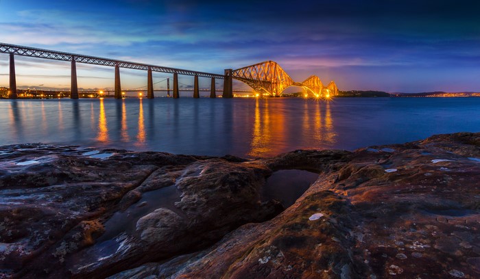 4K Evening View of Forth Rail Bridge Scotland