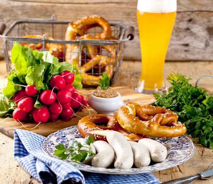 Sausages, Radishes, Pretzels, and Beer Still Life