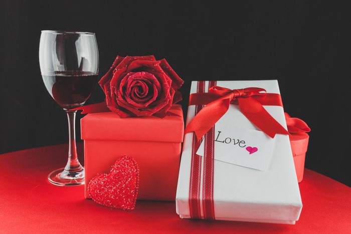 Gifts, Rose, Wine, and Heart for Valentine's Day