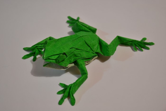 Origami frog on a white background