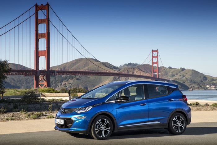 Blue 2017 Opel Ampera-e by Golden Gate Bridge