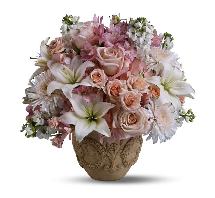 Floral arrangement with roses, lilies, and alstroemeria in a vase