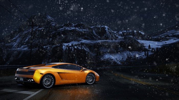 Orange Lamborghini Gallardo in Snow at Night