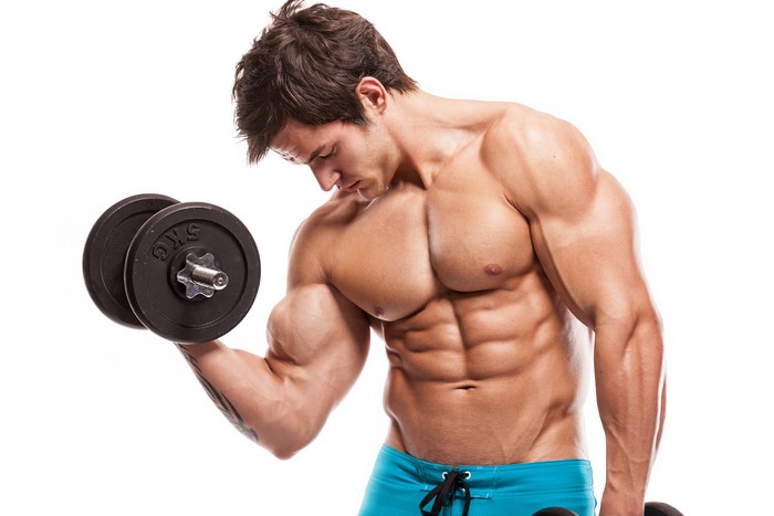 Man with dumbbells, muscular body, white background