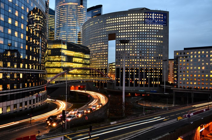 Cityscape at Dusk with Light Trails