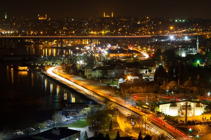 Istanbul, Turkey at Night with Bridges and City Lights