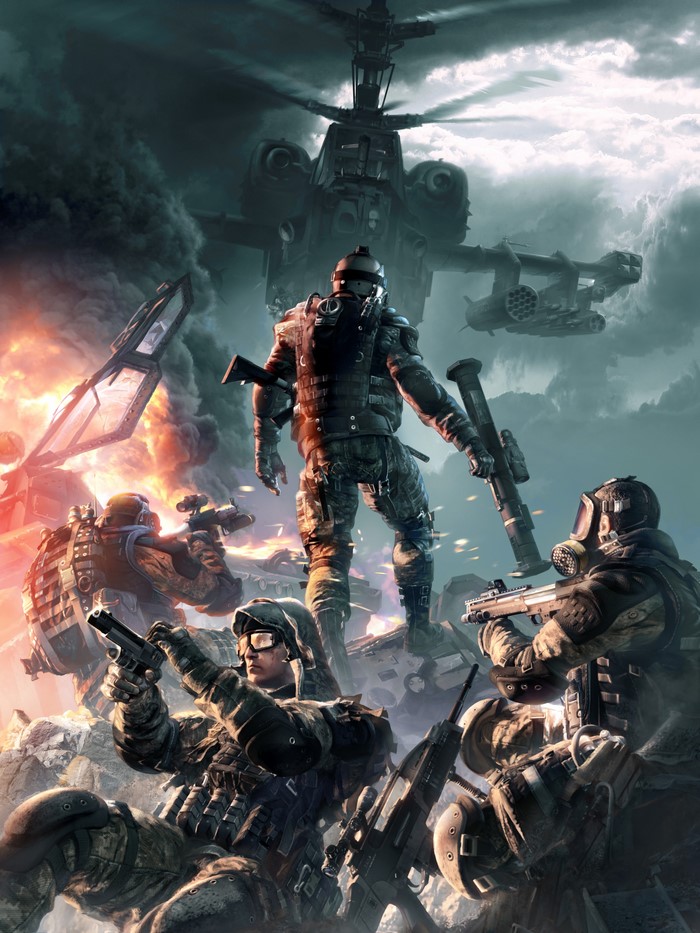 Soldiers with weapons and helicopters in a warzone