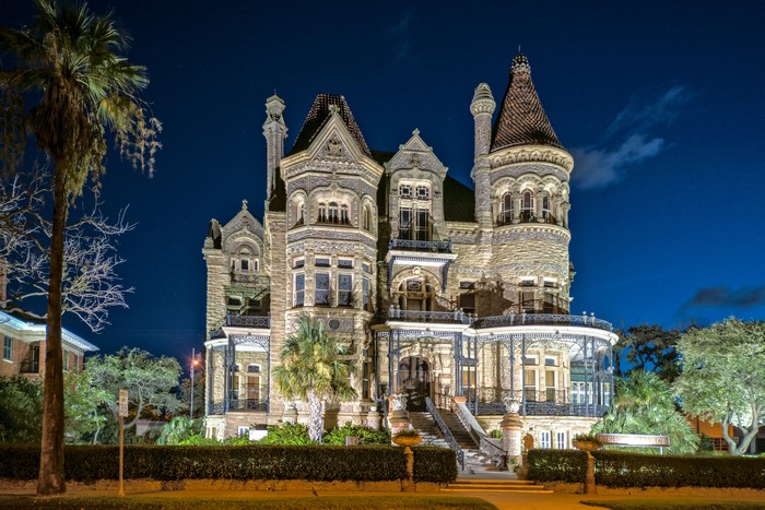 4K Moody Night View of the Bishop's Palace Mansion in Galveston, Texas