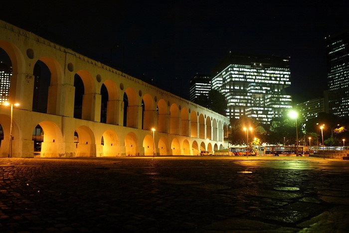 Arches of Lapa Aqueduct at night in Rio de Janeiro, Brazil