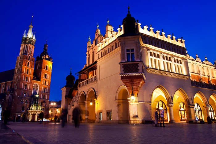 Krakow Poland at night, St. Mary's Basilica and Cloth Hall