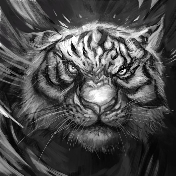 Black and white painting of a tiger's face