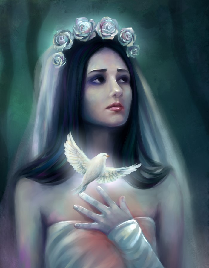 Painting of a bride with a white bird