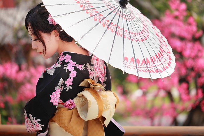 4K Elegant Asian Woman in Kimono with Umbrella