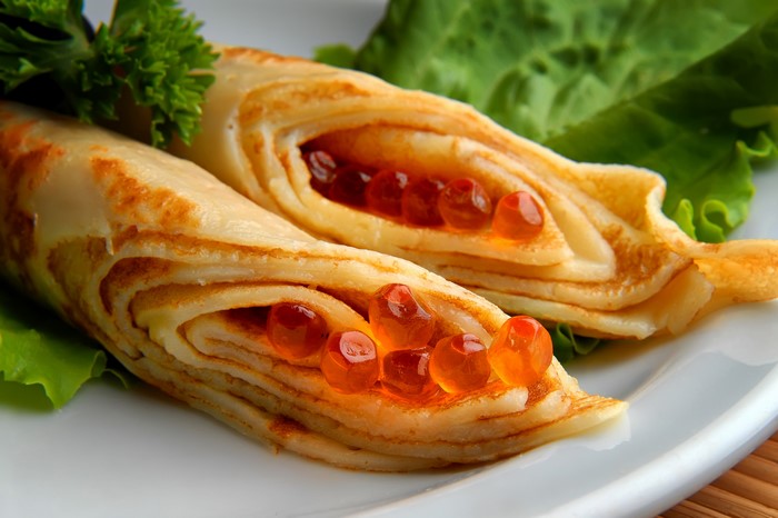Pancakes with Caviar and Lettuce