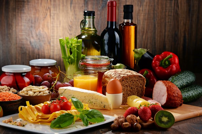 Still-life of food and wine
