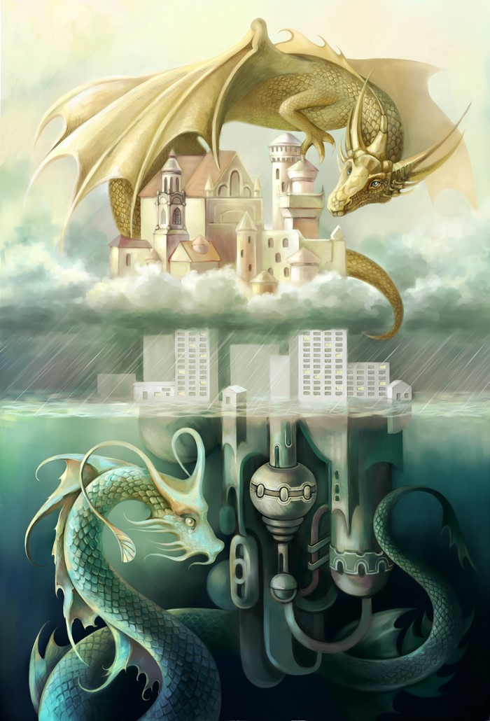 4K Dragons and Castles Above a Submerged City